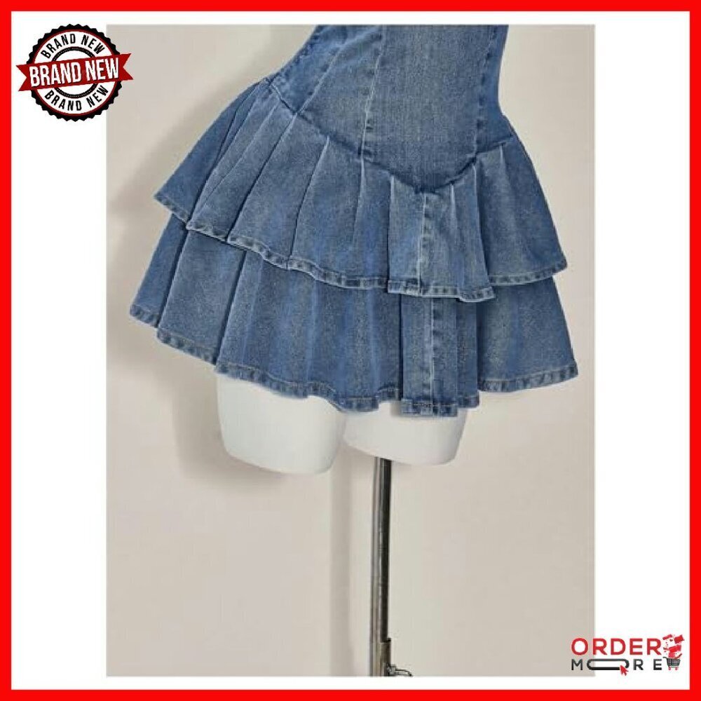 Strapless Mini Denim Dress with Ruffle Layers, A-Line Fit - Picture 6 of 6